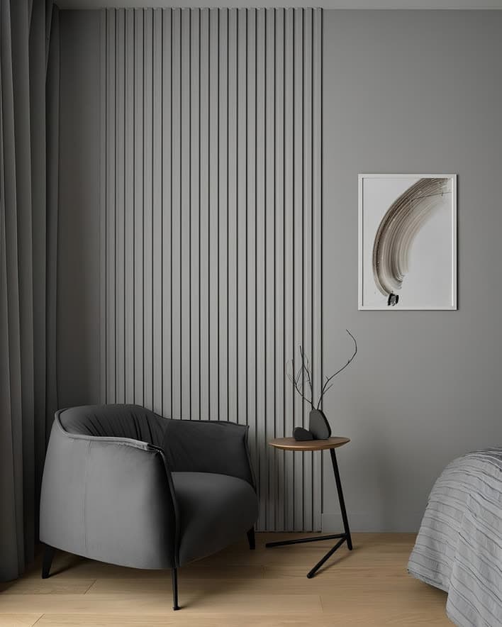 Slatted panel wall, grey finish