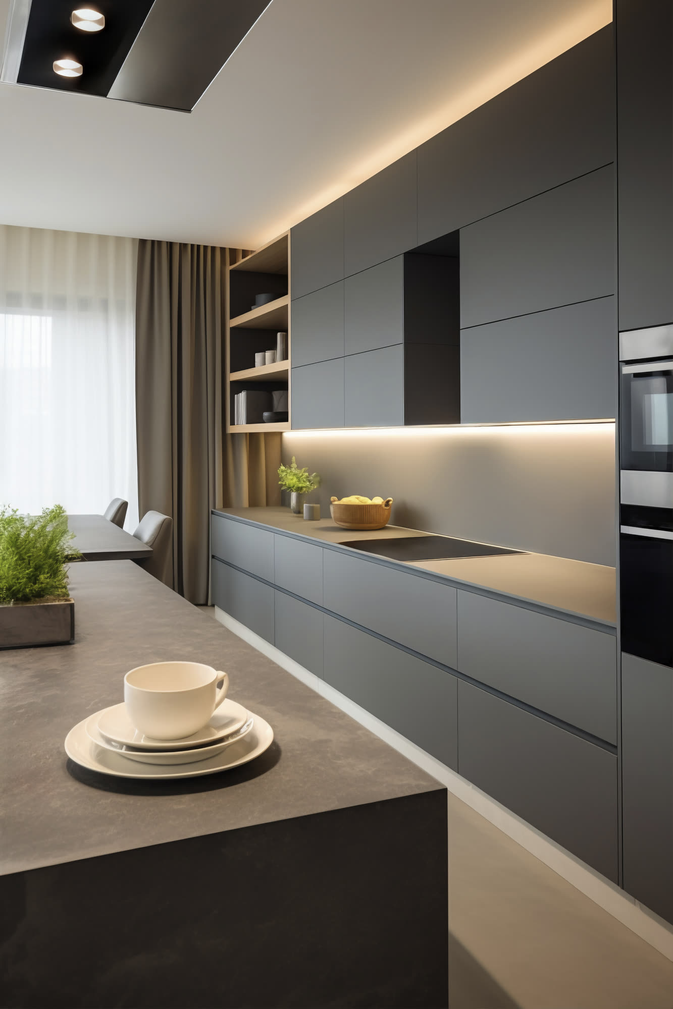 Matte grey cabinetry with open shelving